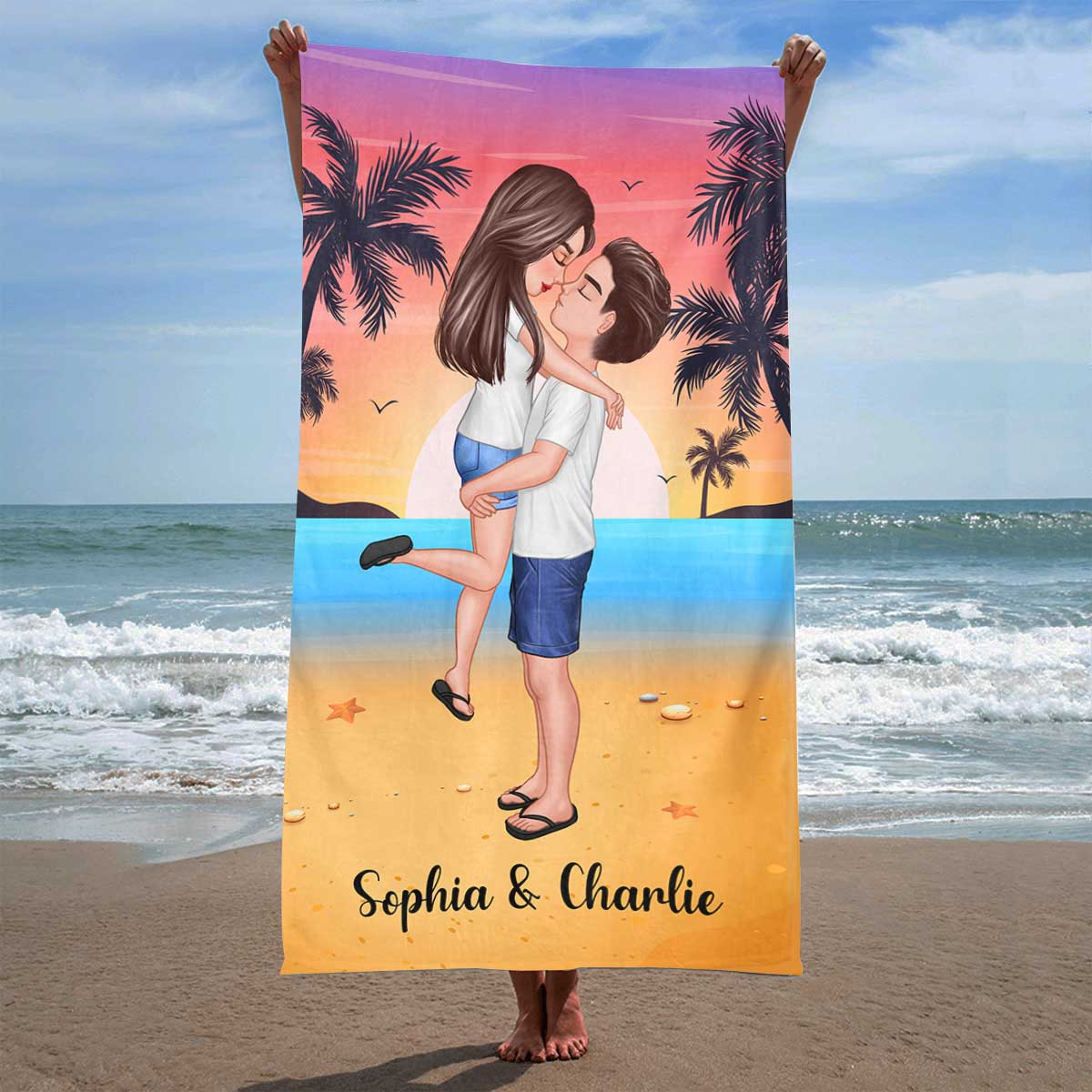 Summer Doll Couple Kissing Hugging On The Beach Personalized Beach Towel