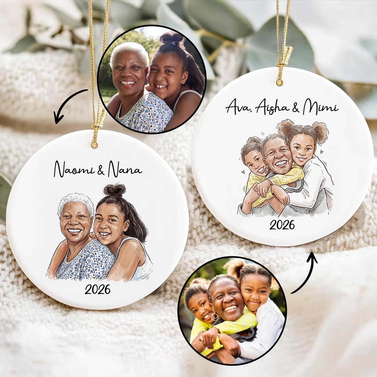 Custom Photo Grandma Grandkid Watercolor Style - Personalized Ceramic Ornament - Christmas Gift For Grandkids, Grandma
