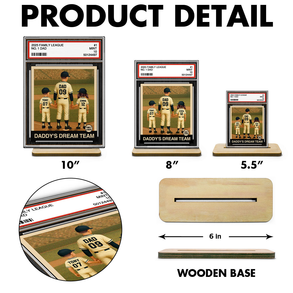 Baseball No. 1 Dad Man & Kids Trading Card Style Personalized 2-Layer Standing Wooden Plaque