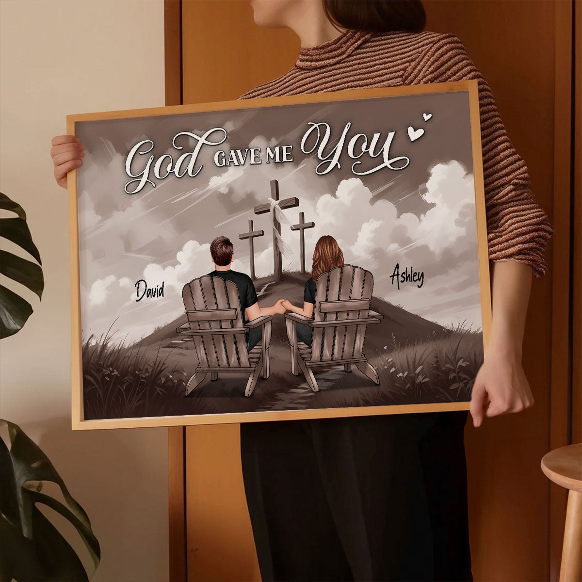 Cross God Gave Me You Couple Sitting Personalized Poster, Anniversary Gift For Him, Her