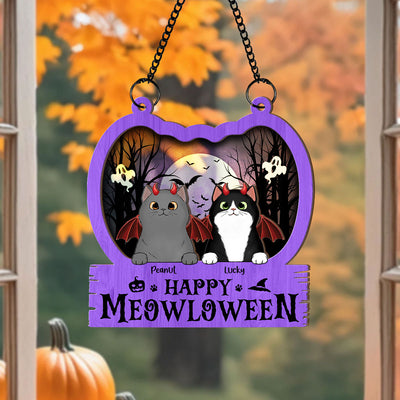 Halloween Cats In Pumpkin Personalized Suncatcher, Halloween Decor