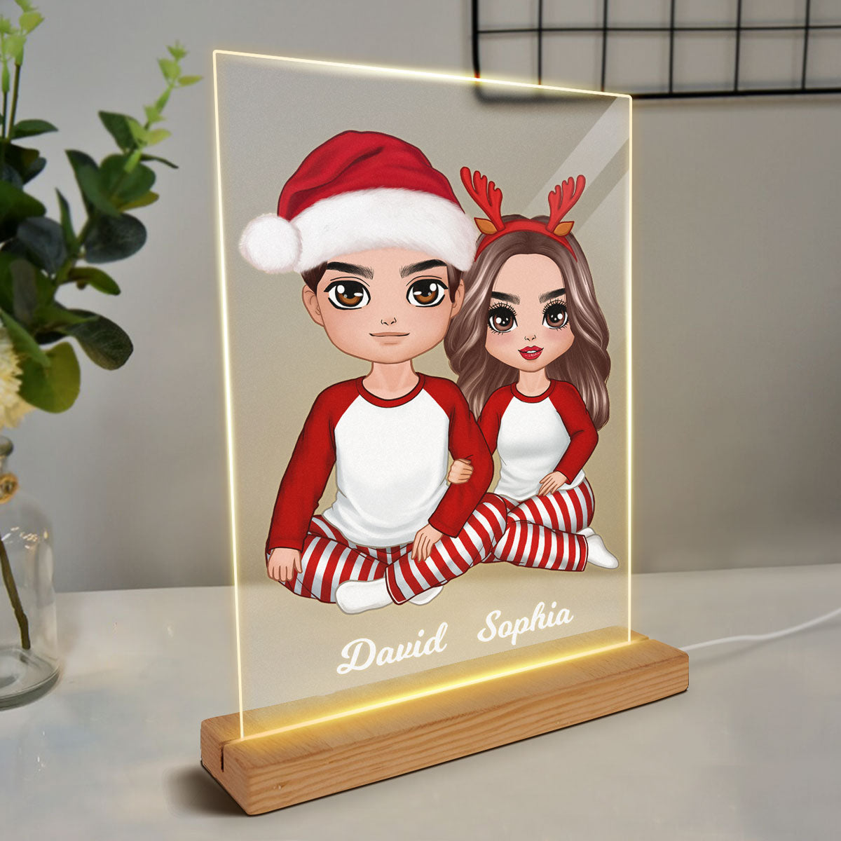 Christmas Doll Couple Sitting Hugging Personalized Acrylic LED Night Light