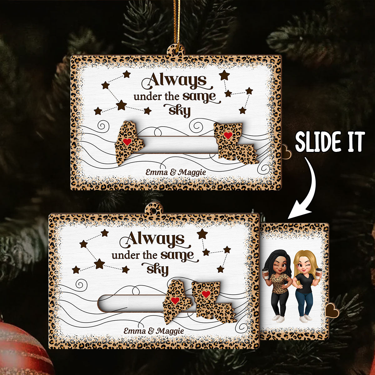 Long Distance Leopard State Map Besties Sisters Personalized Slider Ornament, Meaningful Christmas Gift