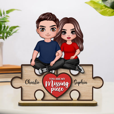Couple Sitting On Puzzle Pieces You Are The Missing Piece To My Heart Personalized 2-Layer Standing Wooden Plaque, Heartfelt Gift For Couple, For Him, For Her, Boyfriend, Girlfriend, Husband, Wife