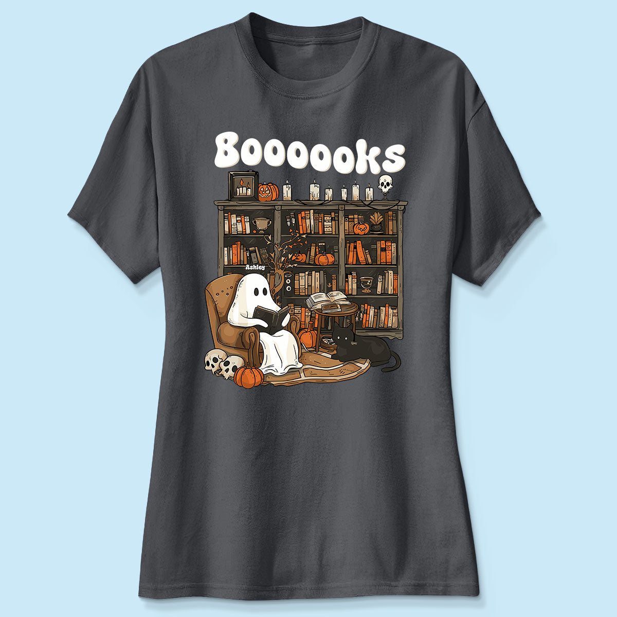 Booooks Retro Ghost Reading Books Personalized Halloween Shirt for Book Lover, Librarian, Teacher