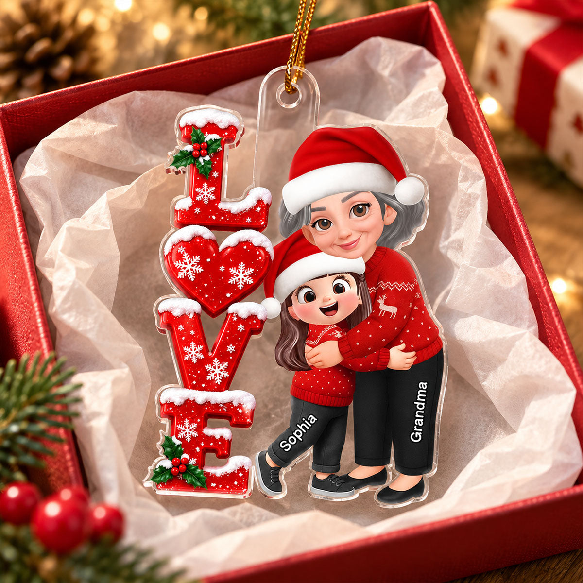Grandma Hugging Grandkid LOVE 2D Flat - Personalize Acrylic Ornament - Christmas Gift for Grandma, Granddaughter, Grandson