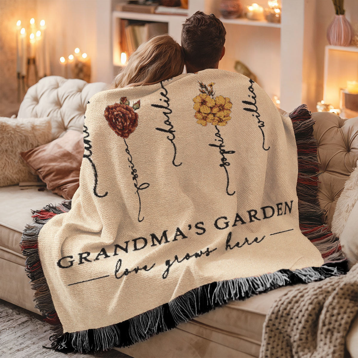 Beautiful Vintage Birth Month Flowers Grandma's Garden Personalized Tapestry Woven Blanket, Gift For Grandma