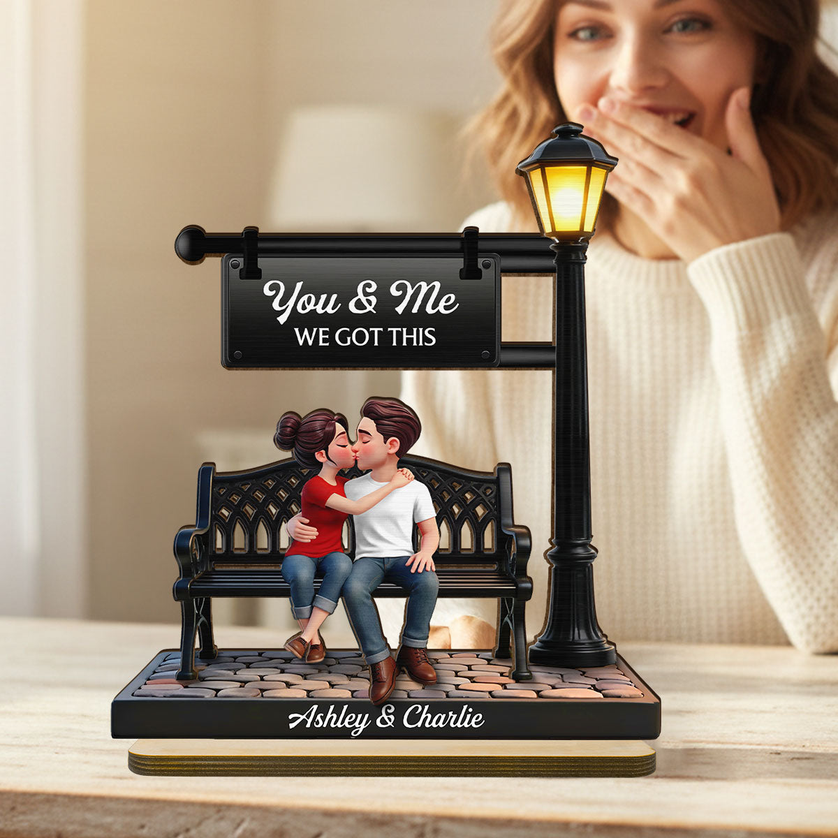 Everlasting Love Couple Sitting Kissing Under Lamp Post - Personalized 2-Layered Wooden Plaque - Heartfelt Gift For Couple