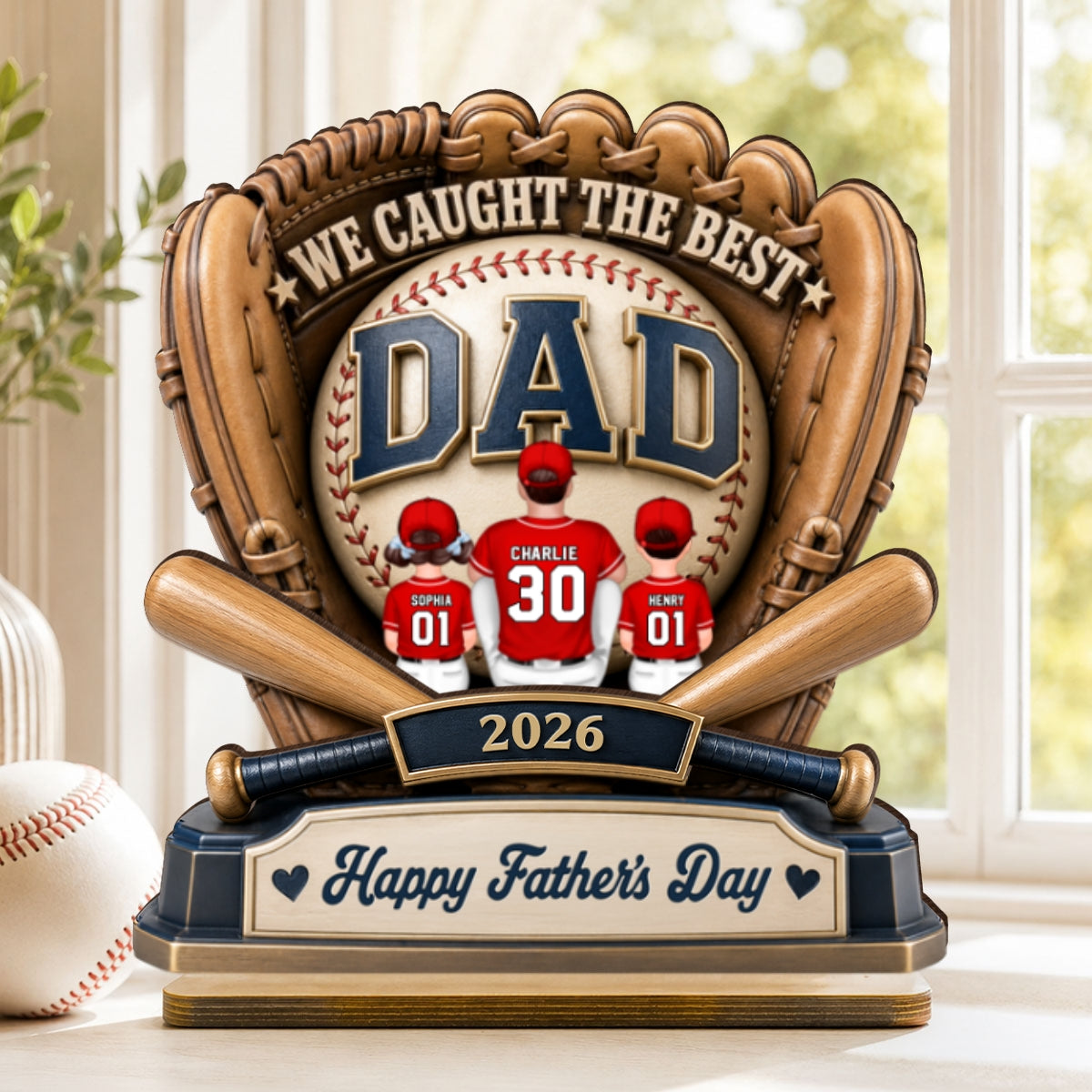Dad's Greatest Catch Baseball - Personalized 2-Layered Wooden Plaque - Father's Day Gift For Dad, Husband