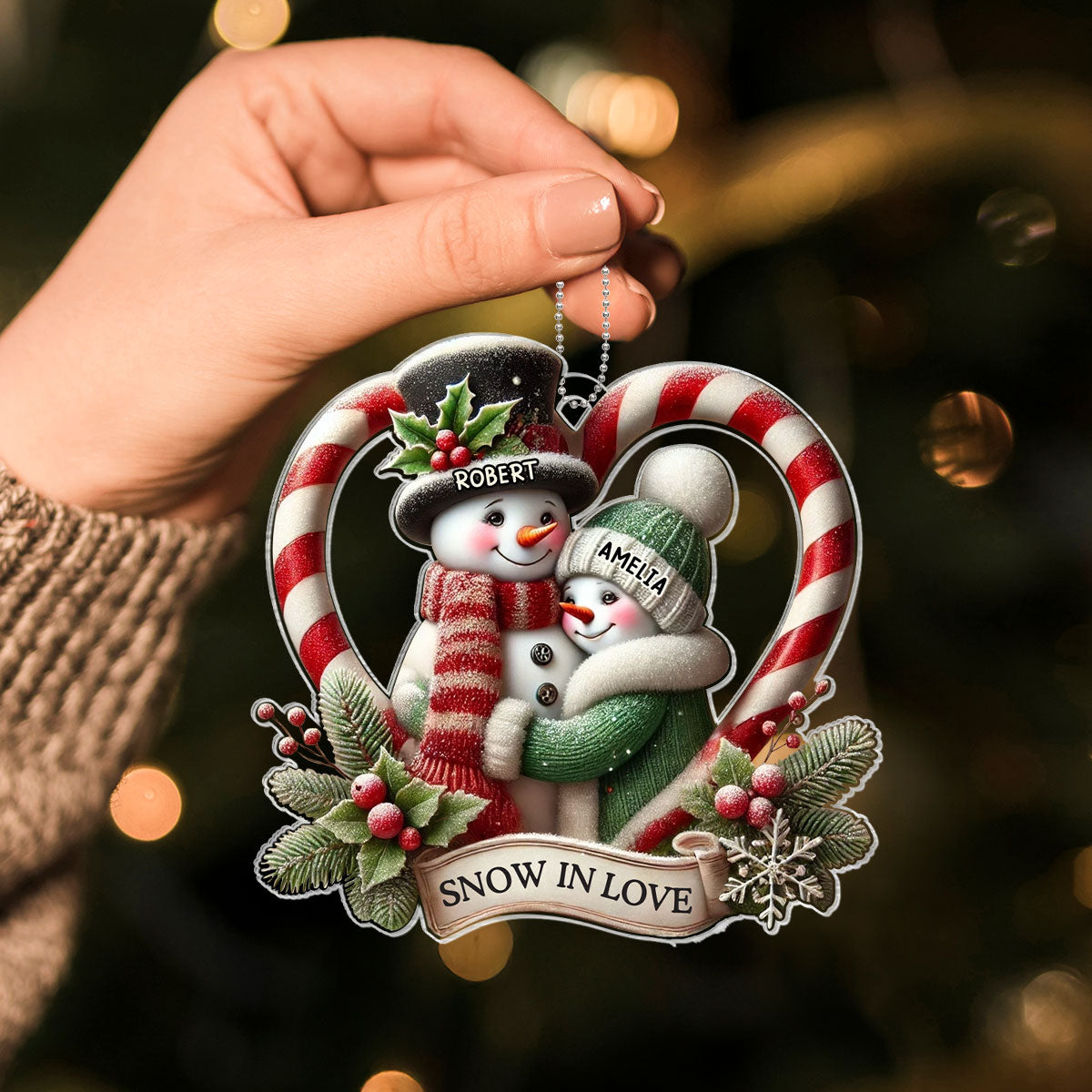 Snow in Love Couple Candy Cane Heart Personalized Acrylic Ornament, Unique Christmas Gift For Her, For Him, For The Couple