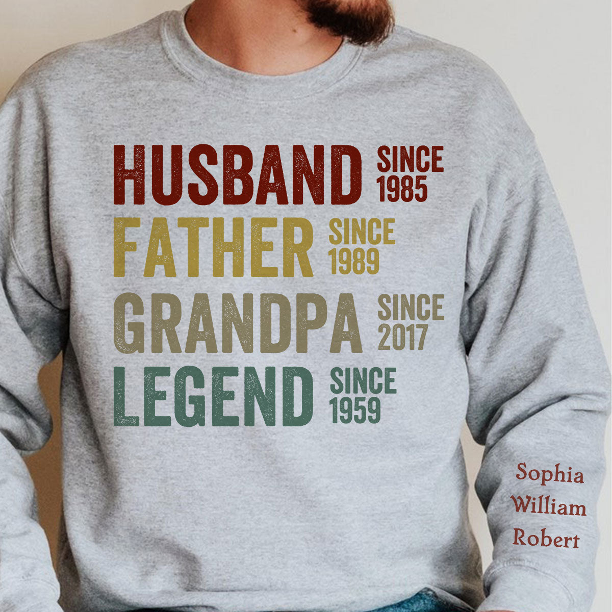 Husband Father Grandpa Legend, Grandfather Custom Dates, Funny Gift For Men Personalized Sleeve Printed Sweatshirt