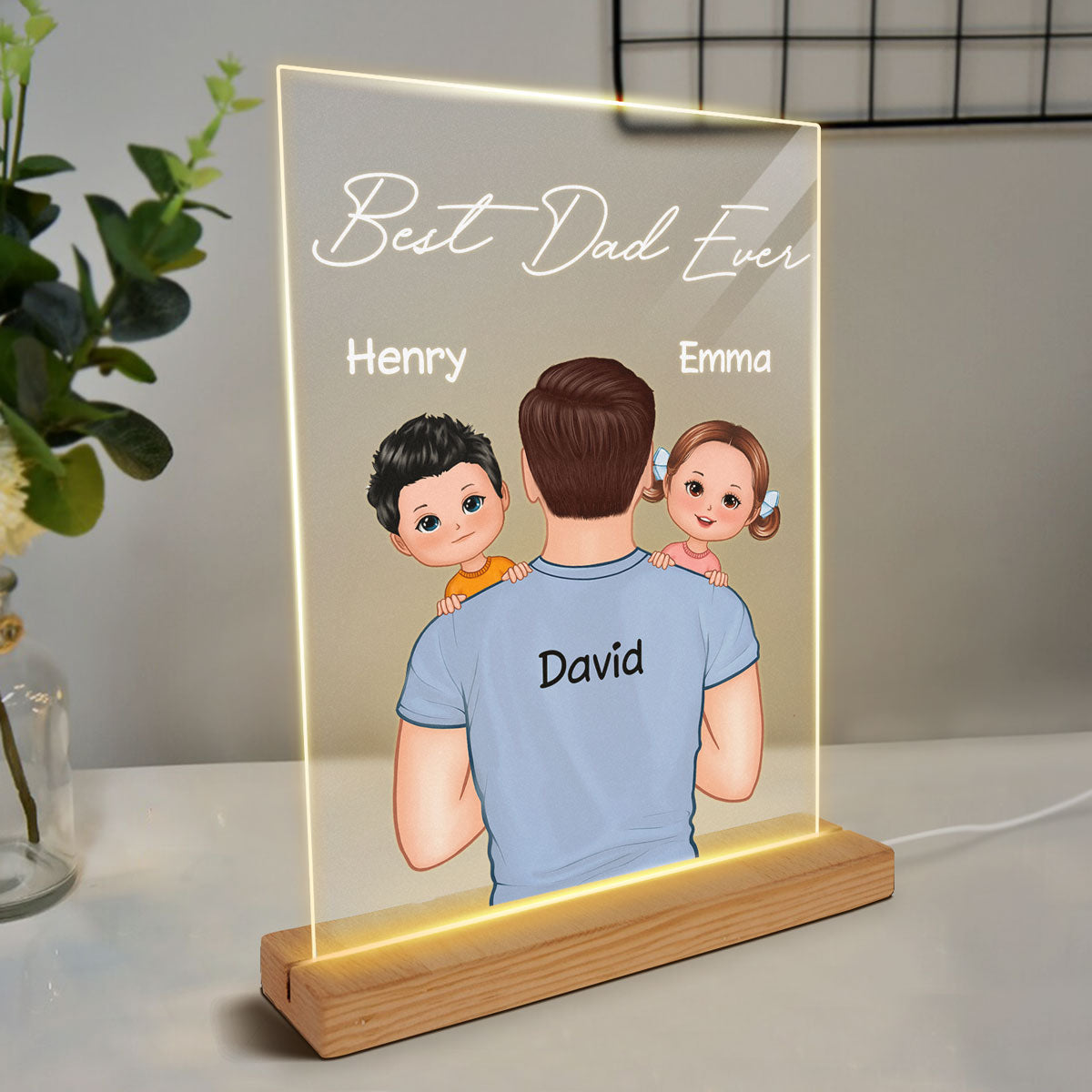 Dad Carrying Kids On Shoulder Gift For Dad Personalized Rectangle LED Night Light