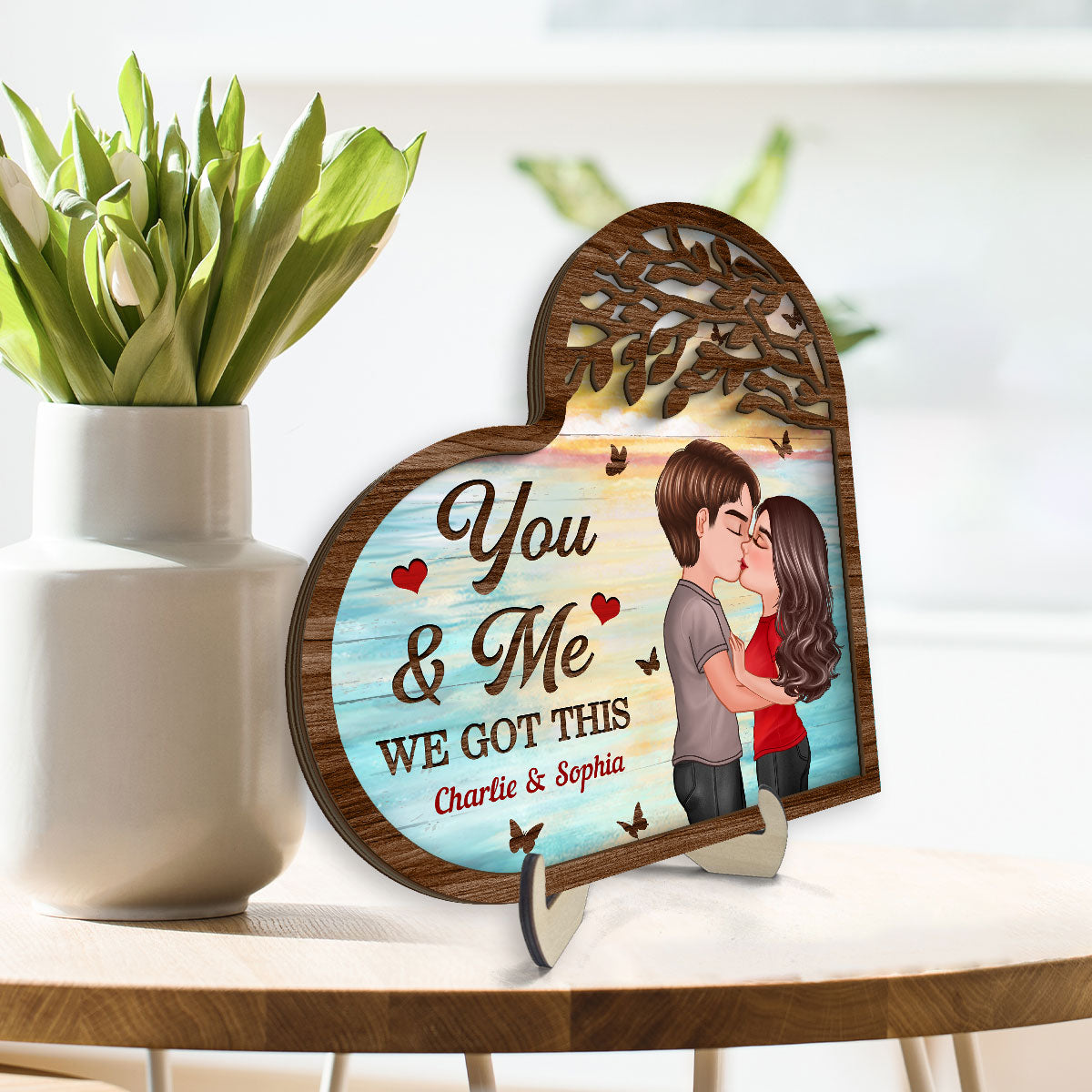 Couple Kissing Under Tree Heart Shaped  Gift For Him For Her Personalized 2-Layer Wooden Plaque