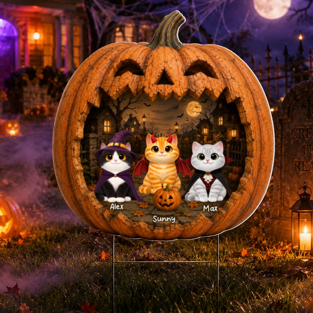Spooky Halloween Pumpkin Cats - Personalized Yard Sign - Halloween Decor For Cat Lovers