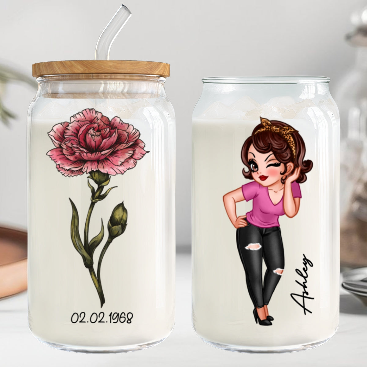 Vintage Birth Flower With Name & Birth Day Gift For Mom Grandma Pretty Woman Personalized Clear Glass Can