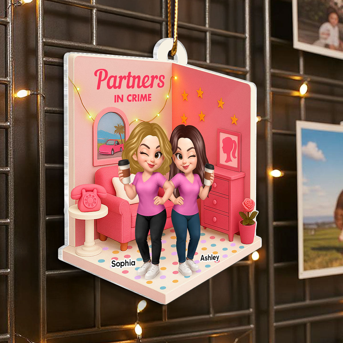 Pink Besties Sisters 3D Effect In House Personalized Acrylic Ornament