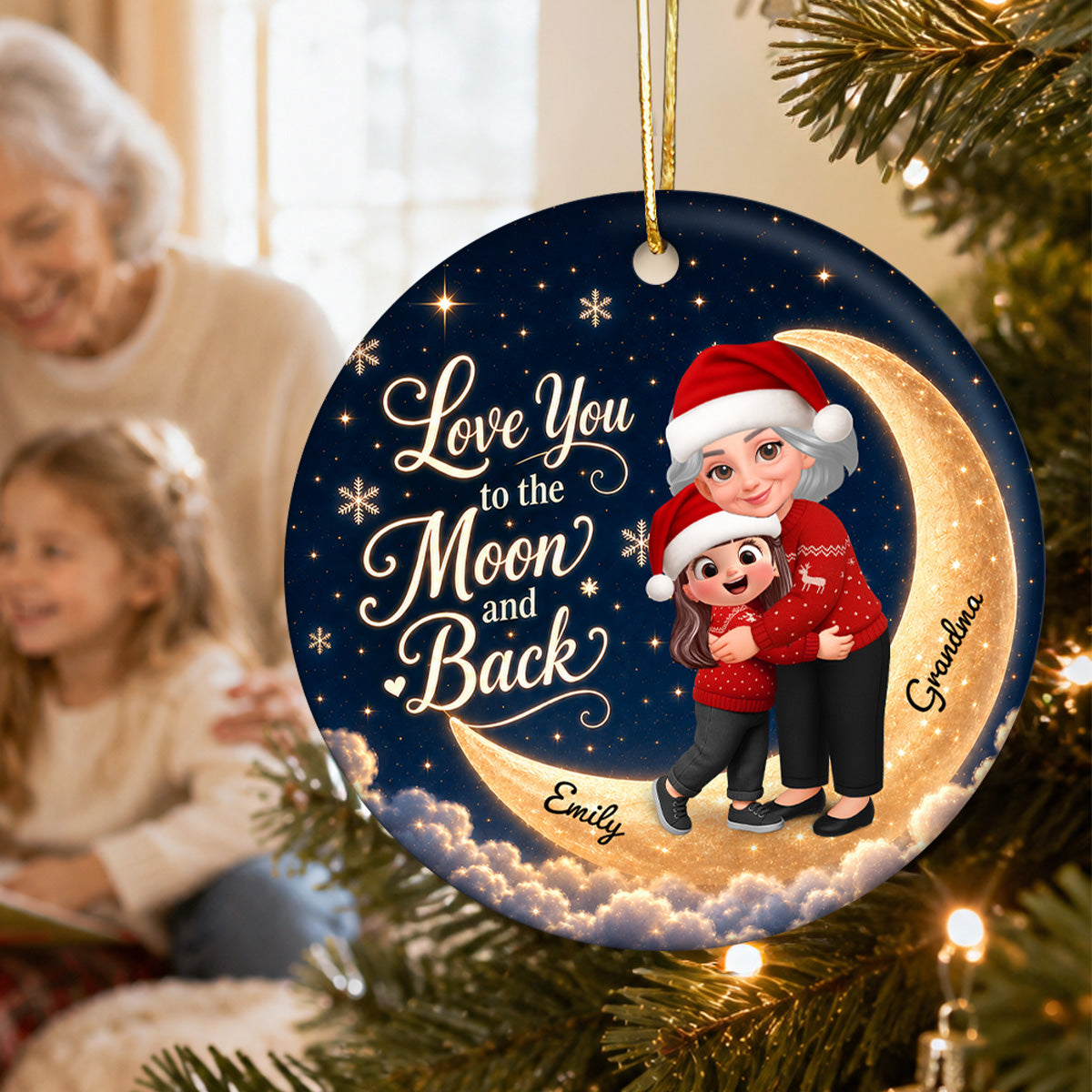 Love You To The Moon And Back Glowing Moon Night - Personalized Circle Ceramic - Christmas Gift For Grandchildren