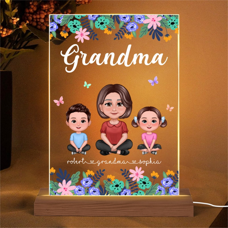 Grandma Mom Pretty Doll Floral Frame Personalized Rectangle Acrylic LED Night Light