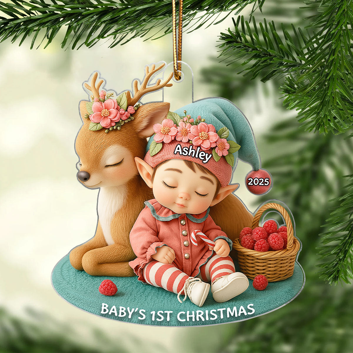 Baby's 1st Christmas Ornament – Cute Elf Reindeer Acrylic