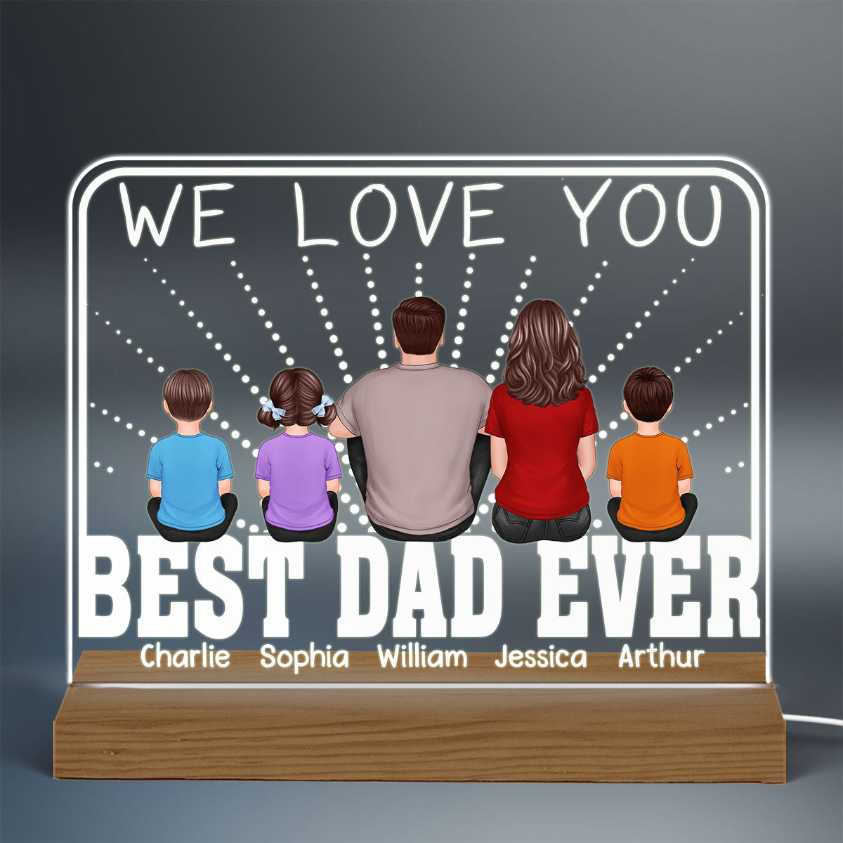 Best Dad Ever Back View Man Kids Dog Cat Personalized Rectangle Custom Shaped Acrylic Plaque With Warm LED Night Light