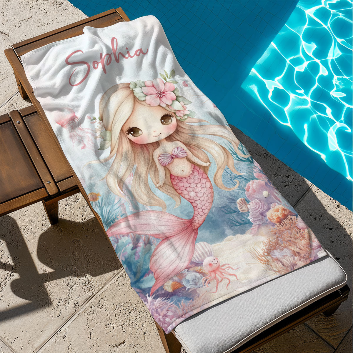 Sea World Cute Mermaid Personalized Beach Towel with Name, Beach Vacation Accessories Gift for Children, Bath Towel