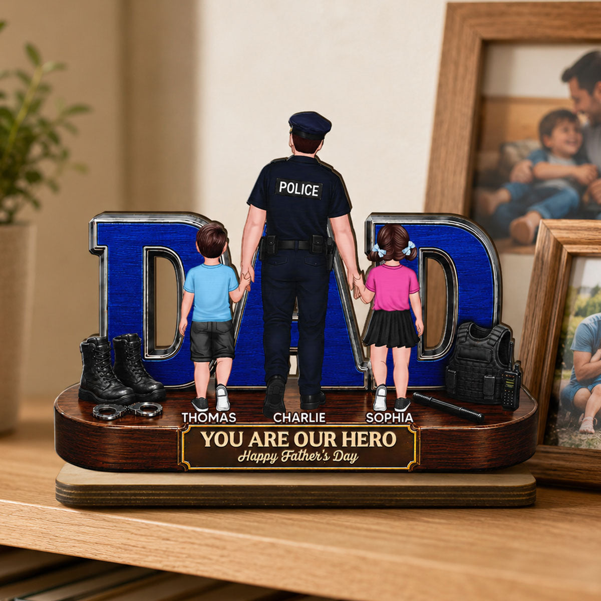Proud American Police Dad You Are Our Hero - Personalized 2-Layered Wooden Plaque - Unique Trending Father's Day Gift For Dad, Husband