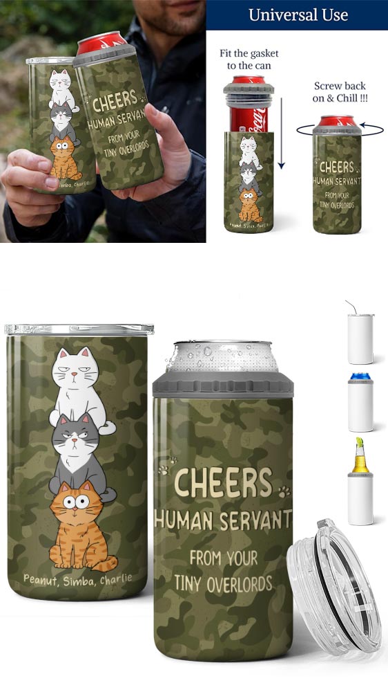 Happy Father‘s Day Human Servant Stacked Funny Cute Cat Gift For Cat Lover Personalized 4 In 1 Can Cooler