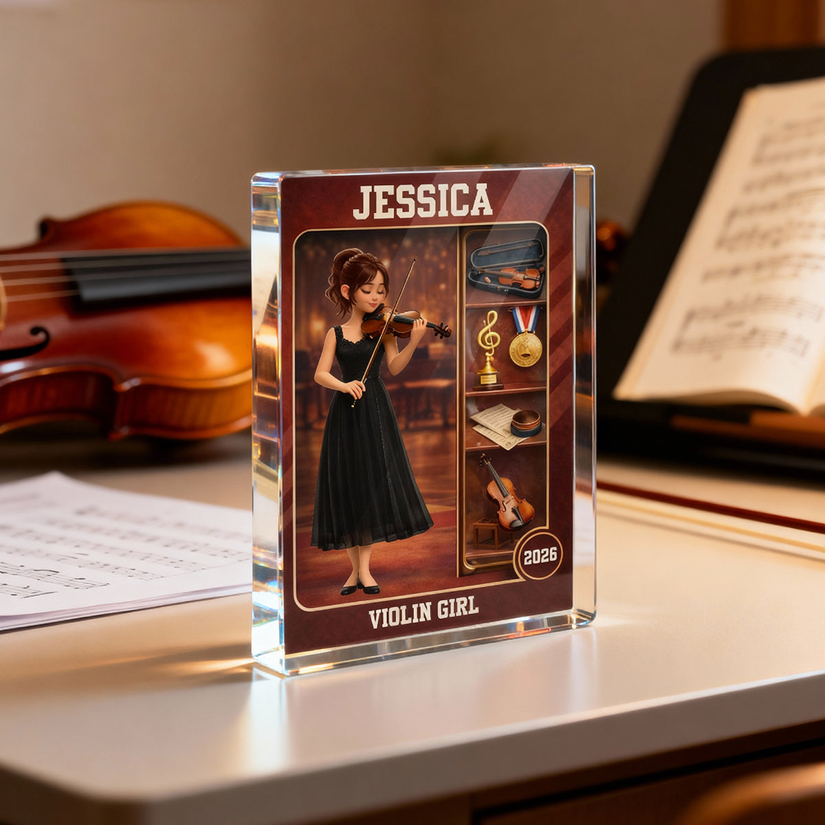 Violin Girl Action Figure - Personalized Acrylic Block Plaque - Gift For Violinist
