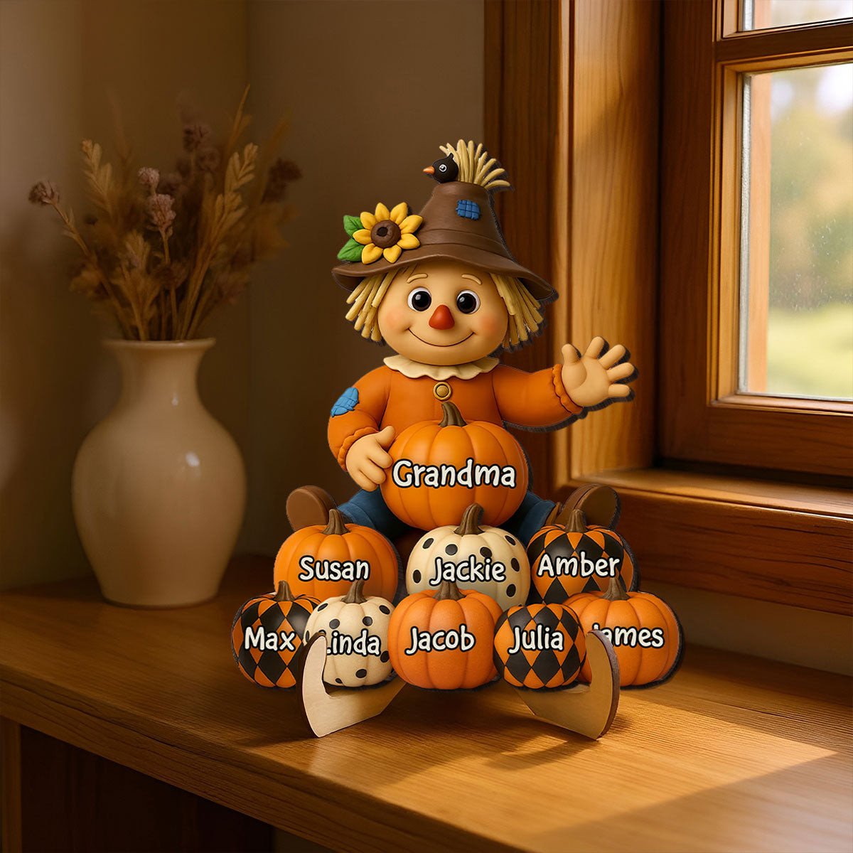 Fall Season Grandma Scarecrow Grandkids Pumpkins 3D Effect Personalized 2-Layer Wooden Plaque