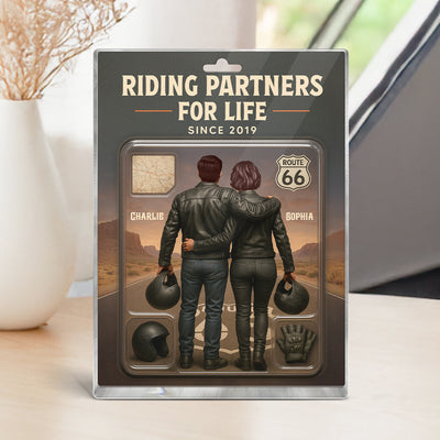 3D Effect Custom Figure Couple Bikers Riding Partners For Life Personalized Flat Acrylic Block, Birthday Gift, Wedding Gift, Anniversary Gift For Bikers