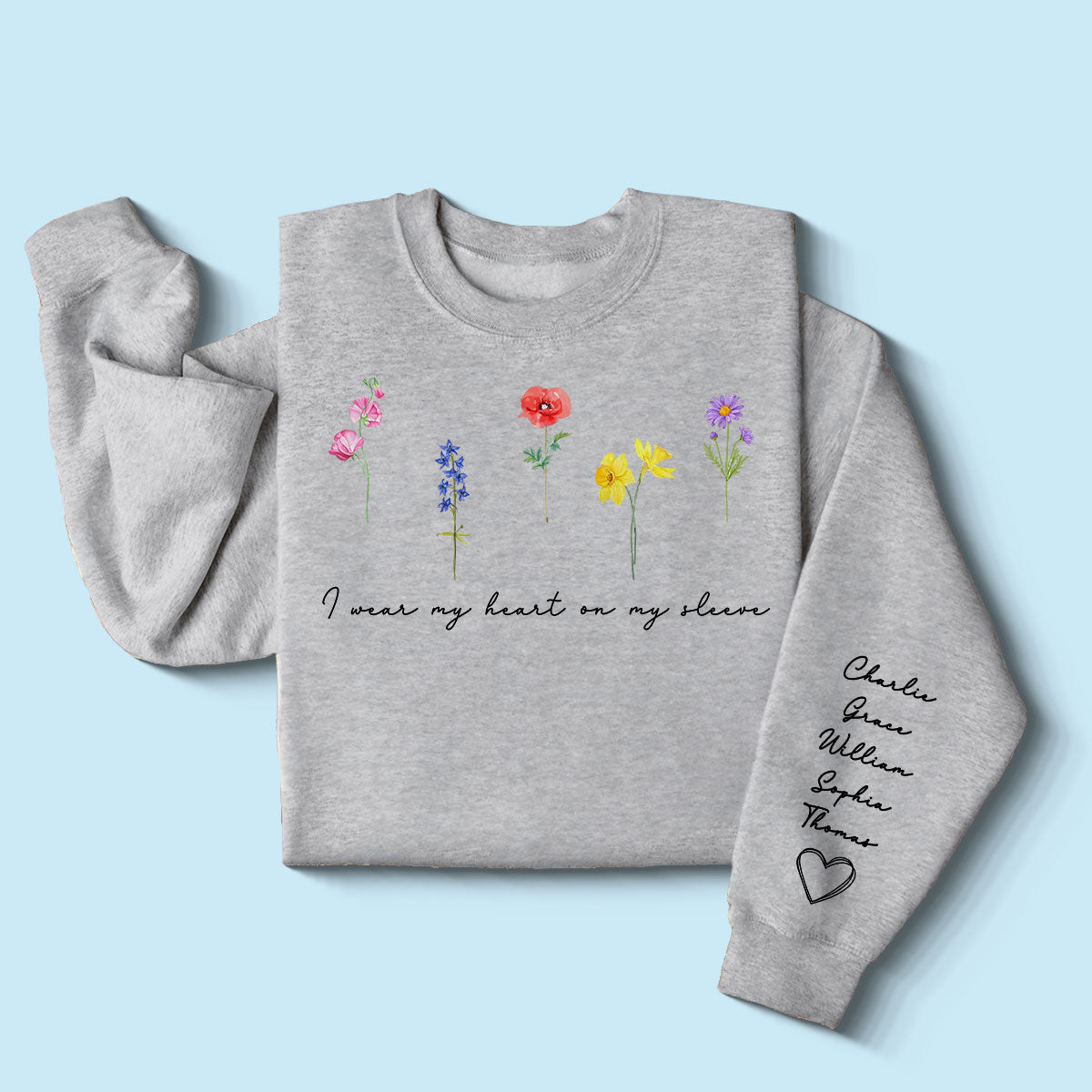 Watercolor Birth Month Flowers Personalized Sleeve Printed Sweatshirt, Gift For Mom Granma Aunt