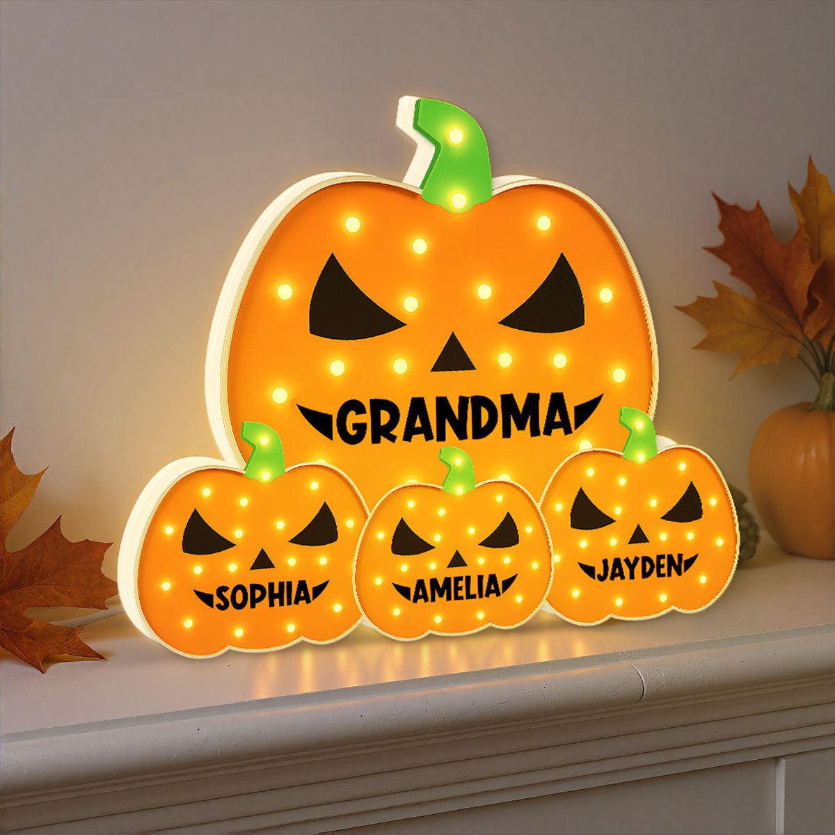 3D Effect Marquee Pattern Halloween Grandma And Grandkids Pumpkins - Personalized Light Box - Gift For Grandmas