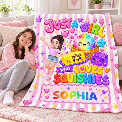 Just A Girl Who Loves Squishies - Personalized Fleece Blanket - Christmas Gift For Girl, Granddaughter, Daughter