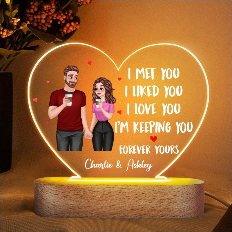 Cartoon Couple Hand In Hand I Met You Like You Love You Gift For Him For Her Personalized Acrylic Heart Plaque With LED Night Light