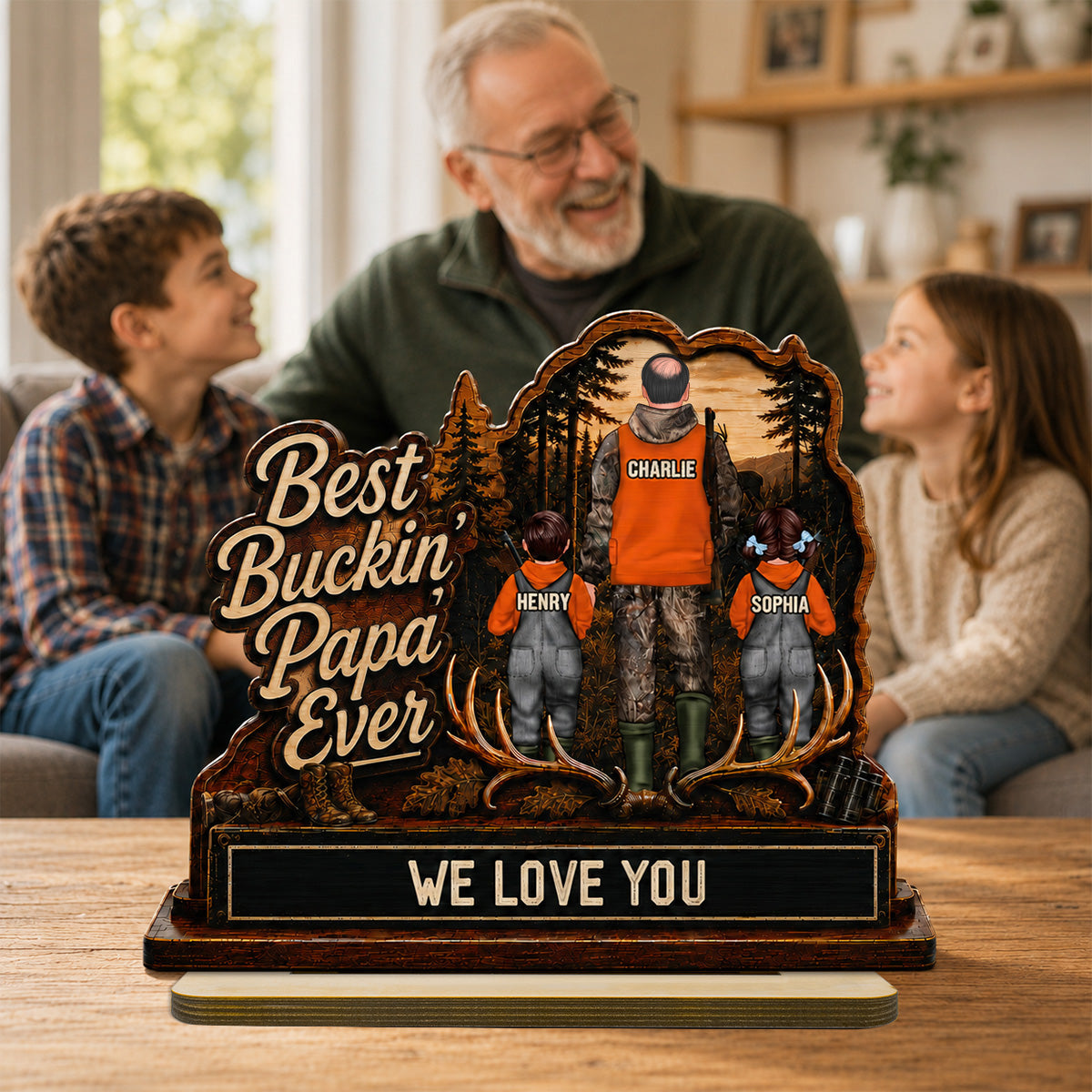 Best Buckin' Dad Papa Ever Hunting Man & Kids 2D Flat - Personalized 2-Layered Wooden Plaque - Father's Day Gift For Hunting Dad, Grandpa