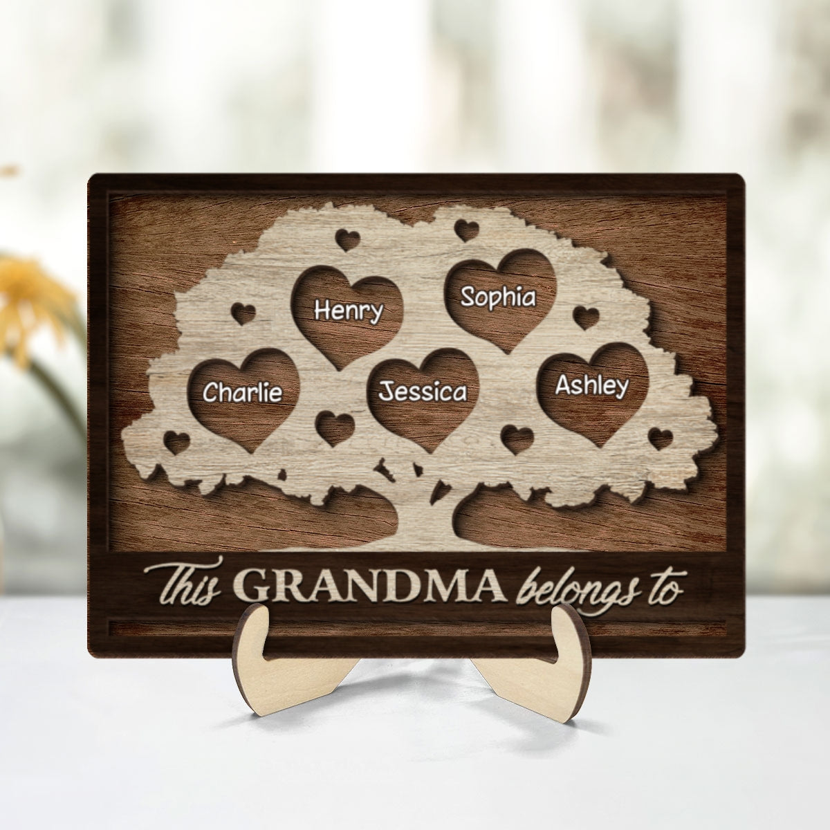 This Grandma Mom Belongs To Heart Tree Personalized 2-Layered Wooden Plaque, Heartfelt Mother's Day gift