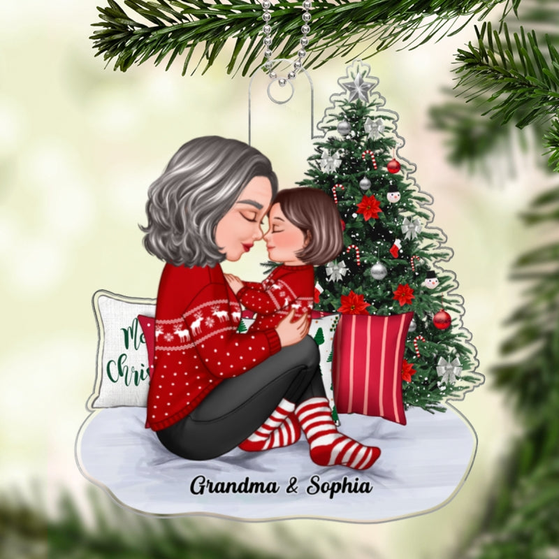 Grandma Mom Holding Kid Sitting On Christmas Bed Personalized Acrylic Ornament