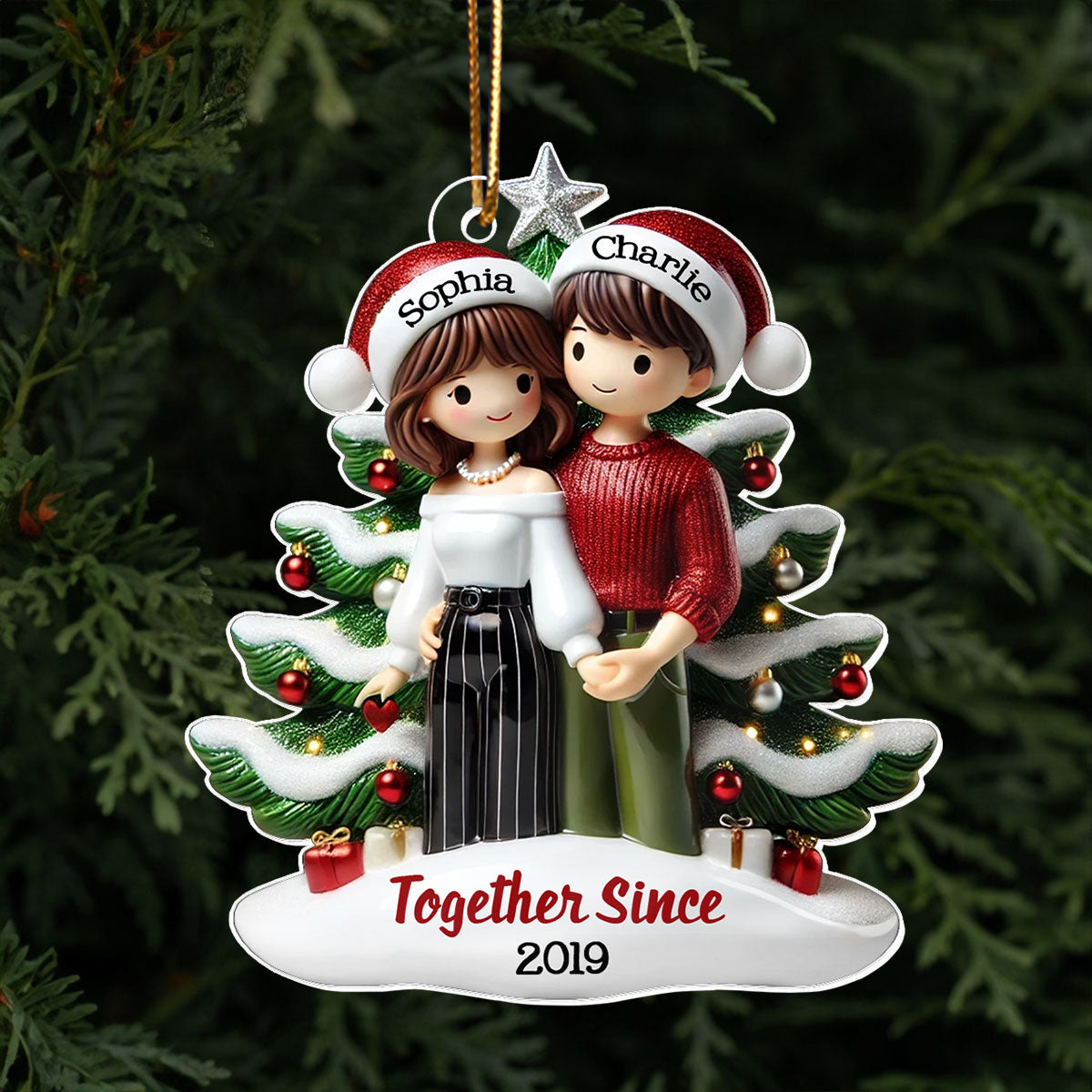 Couple Standing In Front Of The Christmas Tree Personalized 2D Flat Acrylic Ornament,  Christmas Gift For Him, For Her
