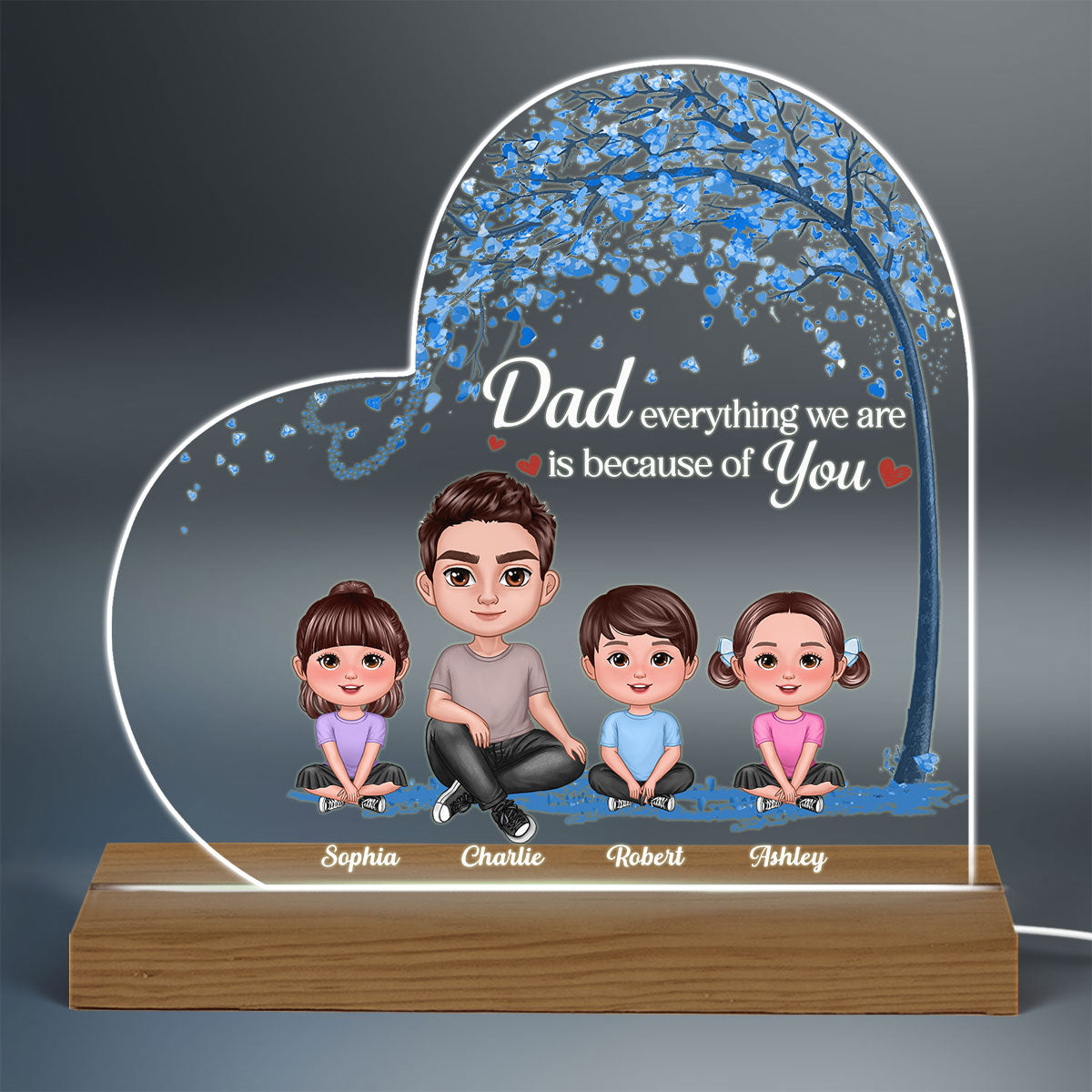 Doll Dad And Kids Under Blue Tree Personalized Warm Acrylic Custom Shape LED Night Light