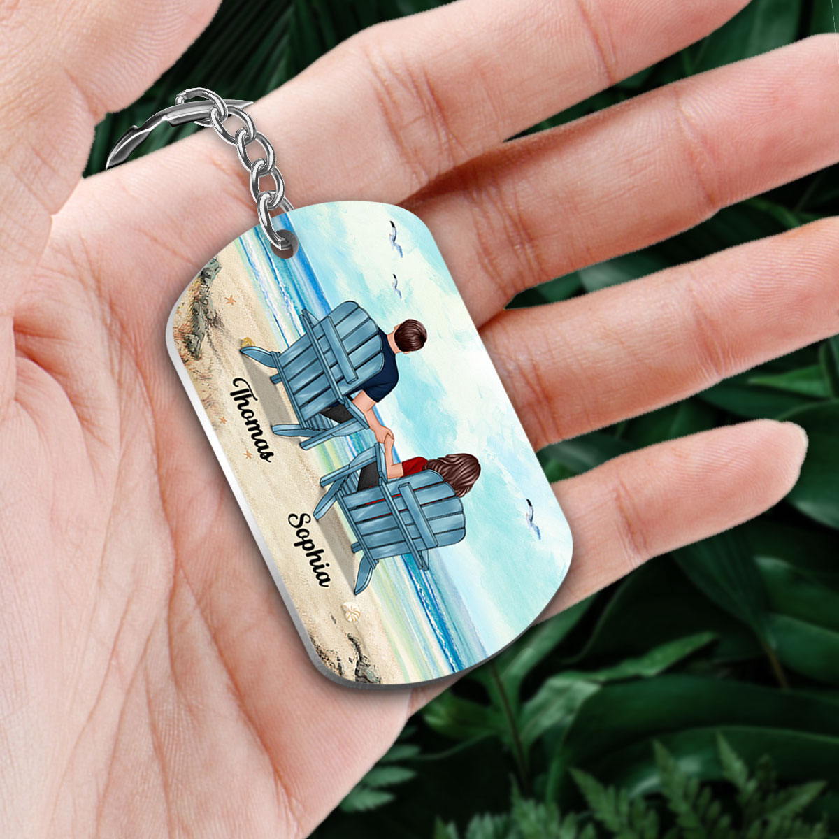 Back View Couple Sitting Beach Landscape Personalized Metal Keychain
