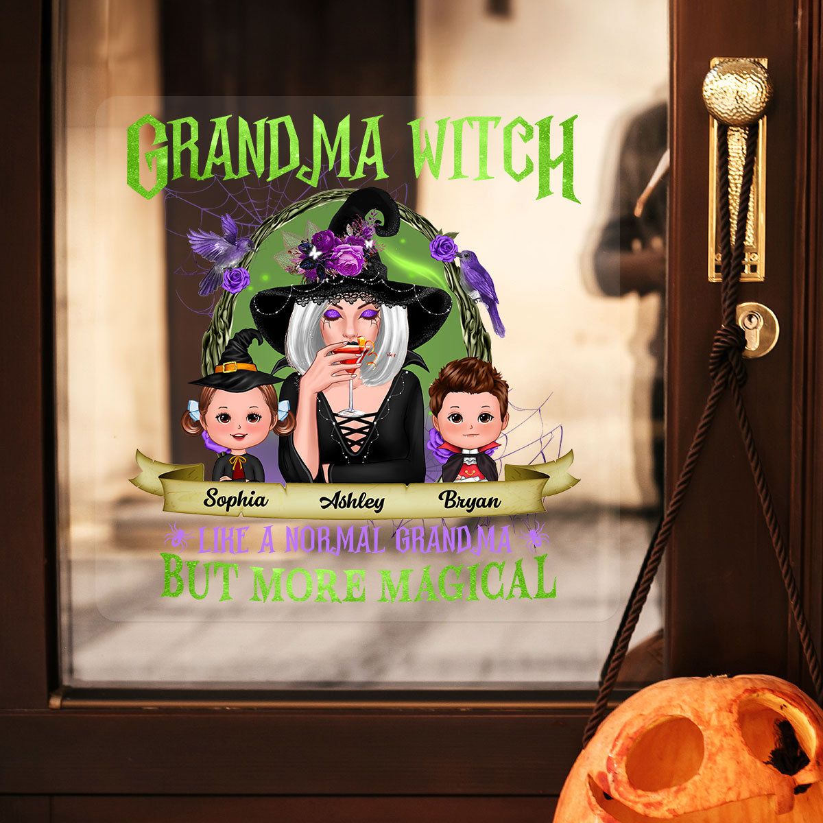 Green And Purple Halloween Grandma And Kids Personalized Decal, Halloween Decor