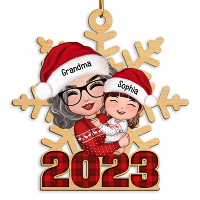 Doll Grandma Hugging Grandkid Snowflake Checkered 2023 Personalized Wooden Ornament