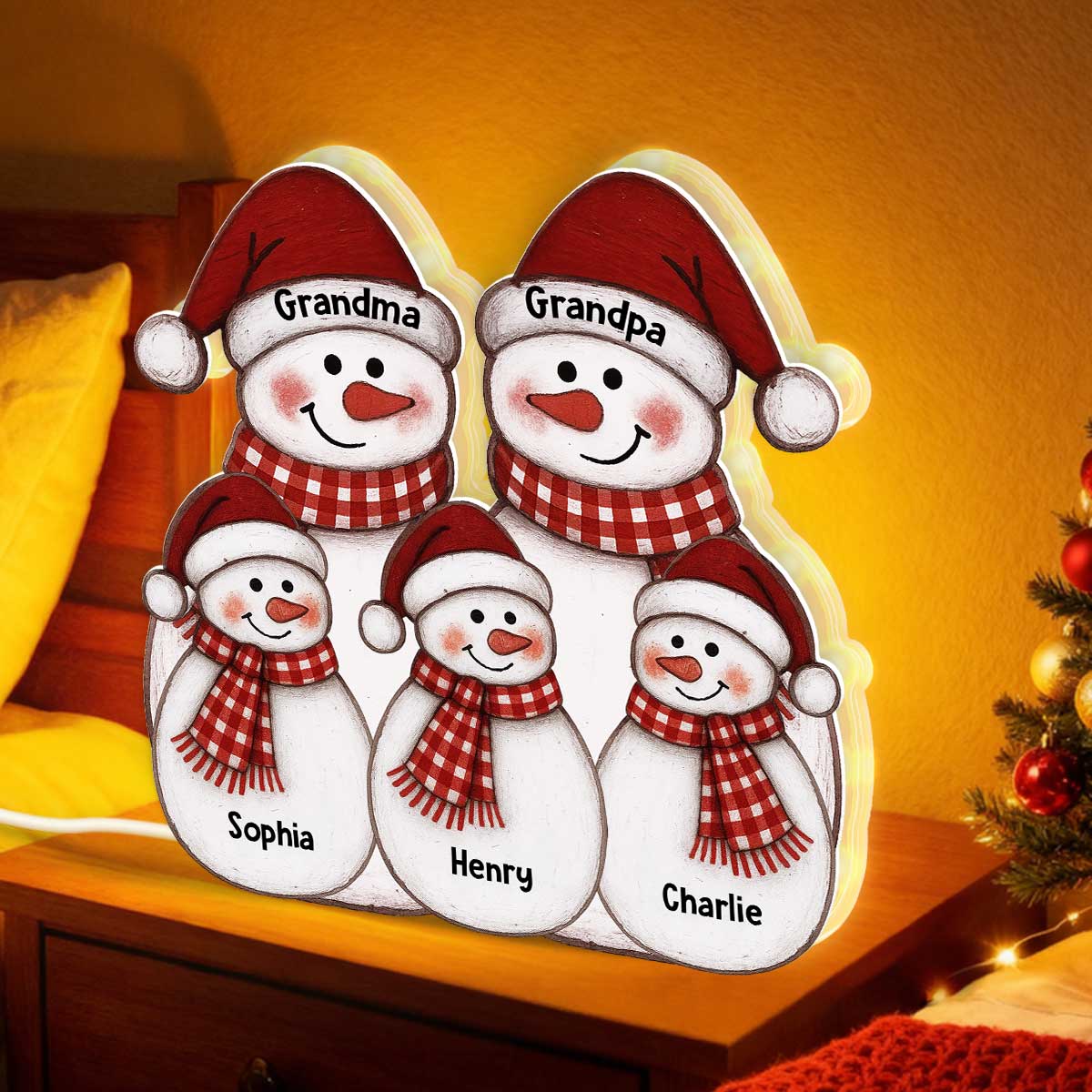 Folk Art Cute Snowman Grandma Grandpa & Grandkid - Personalized Light Box - Christmas Decor For Grandparents