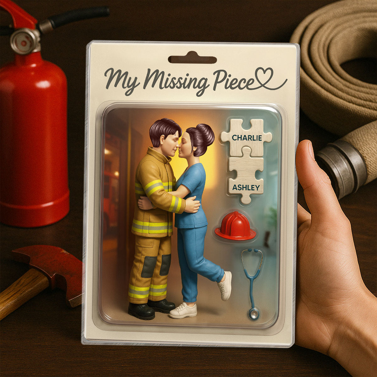 My Missing Piece Firefighter Nurse Couple Personalized Acrylic Block Plaque, Gift for Him, Gift for Her