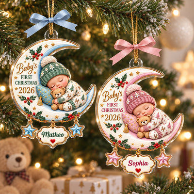Baby's First Christmas Custom Name Moon & Star - Personalized Acrylic Ornament - Newborn Christmas Gift for New Parents