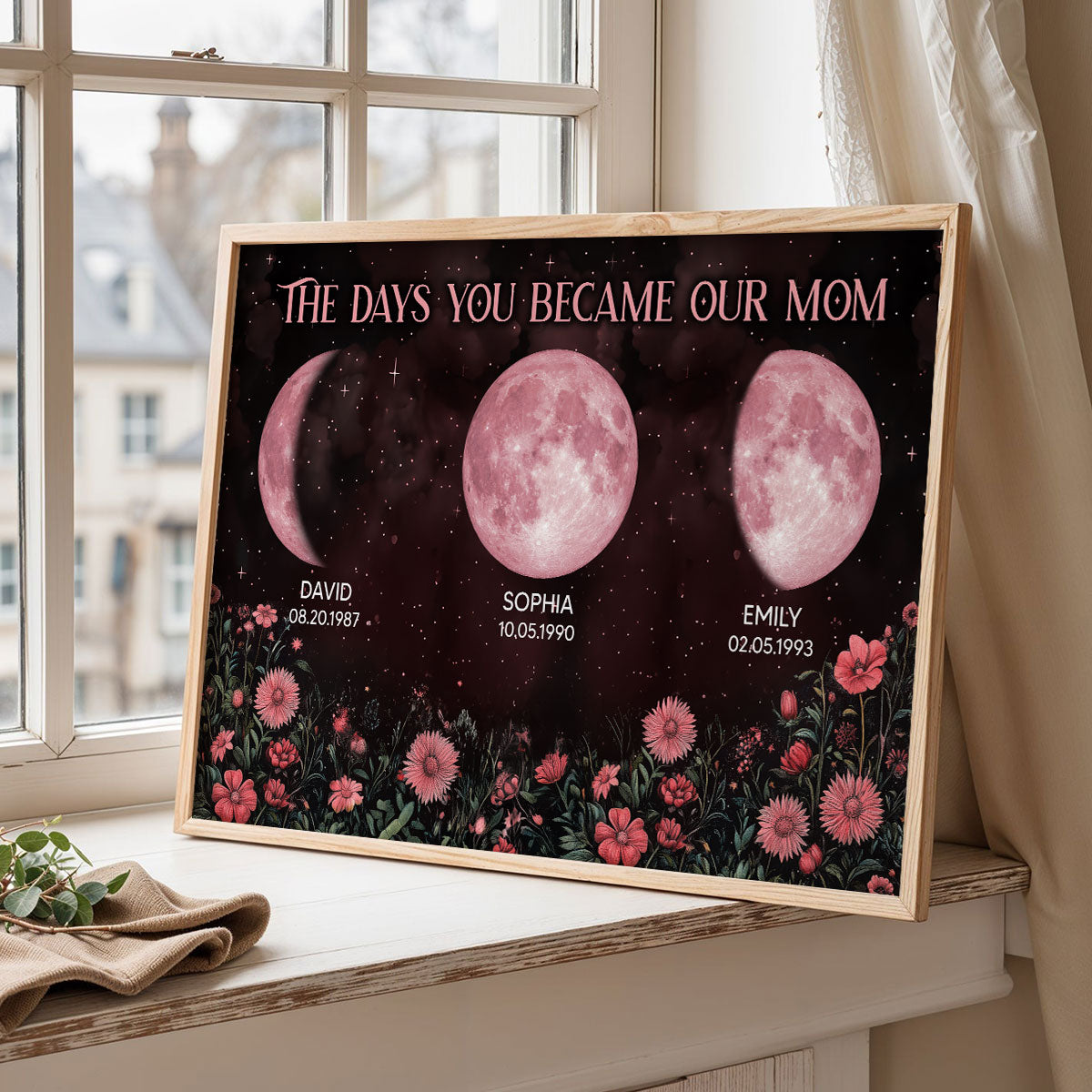 Vintage Flowers The Days You Became Our Mom Pink Birthday Moon Phase Personalized Poster