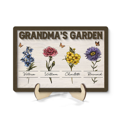 Gift For Grandma Grandma‘s Garden Beautiful Vintage Birth Month Flower With Names Personalized 2-Layer Wooden Plaque