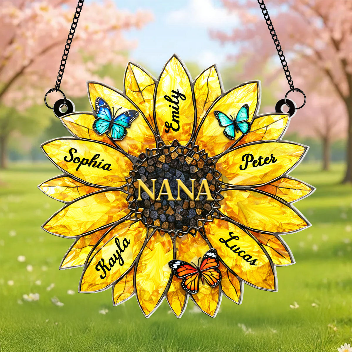 Sunflower Grandma Mom Custom Kids Names - Personalized Acrylic Window Hanging - Mother's Day Gift for Grandma, Mom, Wife