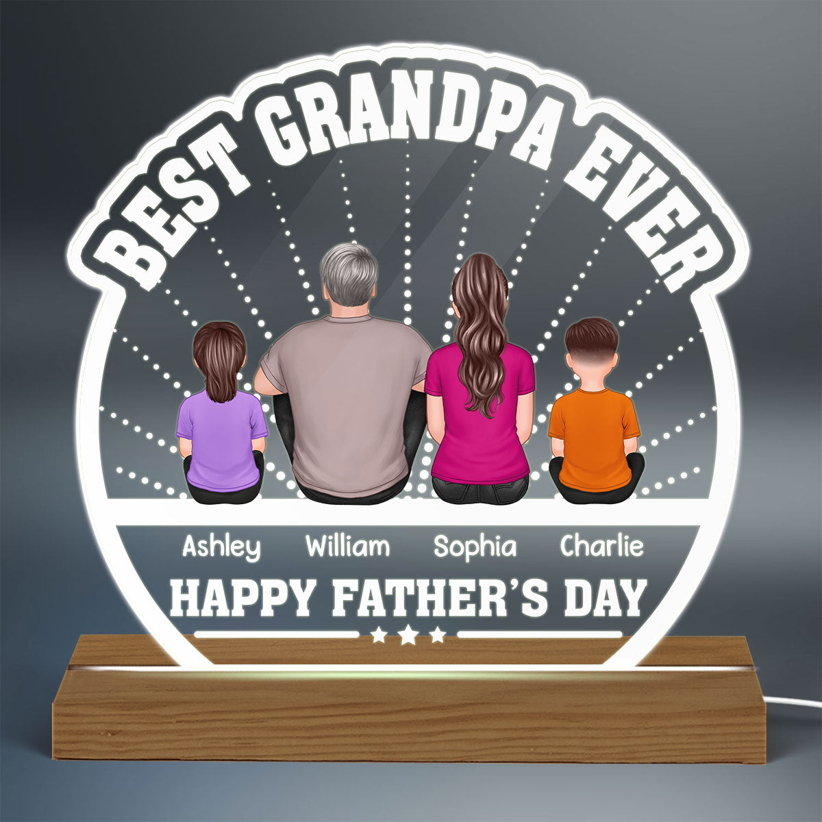 Best Grandpa Ever Back View Man Kids Dog Cat Personalized Custom Shaped Acrylic Plaque With Warm LED Night Light