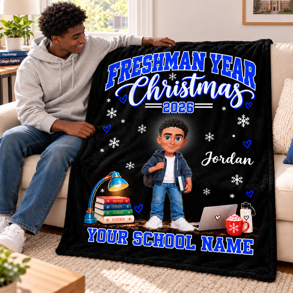 Freshman Year Christmas Custom Name & School Name - Personalized Fleece Blanket - Christmas Gift For College Freshman, Boy, Girl, Grandkids, College Students